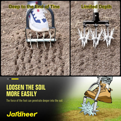 Comparison of Heavy Duty Rotary Cultivator For Gardening With Long Handle showing soil penetration depth with easy grip handle.
