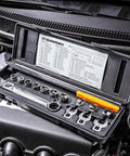 Serpentine Belt Tool Set 15 Pc With Locking Flex Head Ratcheting Wrench on car engine, open case displaying 15 pc kit.