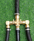 Three Way Garden Hose Splitter With Swivel Elbows High Flow Brass Body And Shut Off Valves Includes Washers And Thread Seal Tape Durable Heavy Duty Hose Bib Adapter Go To Three Quarter Inch Standard Hose Threads, brass splitter on hoses
