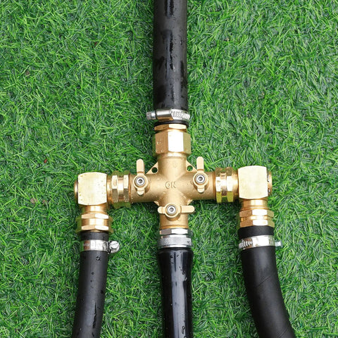 Three Way Garden Hose Splitter With Swivel Elbows High Flow Brass Body And Shut Off Valves Includes Washers And Thread Seal Tape Durable Heavy Duty Hose Bib Adapter Go To Three Quarter Inch Standard Hose Threads, brass splitter on hoses