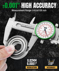 Dial Caliper Measuring Tool With Six Inch Range And Pro Grade Precision To 0.001 Inch (0.03 mm), Dual Reading Display For Industrial, Mechanical, Woodworking And DIY Projects, Reliable, Durable And Easy To Read. stainless steel dial caliper measuring a bearing