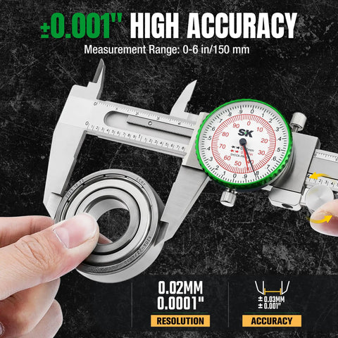 Dial Caliper Measuring Tool With Six Inch Range And Pro Grade Precision To 0.001 Inch (0.03 mm), Dual Reading Display For Industrial, Mechanical, Woodworking And DIY Projects, Reliable, Durable And Easy To Read. stainless steel dial caliper measuring a bearing