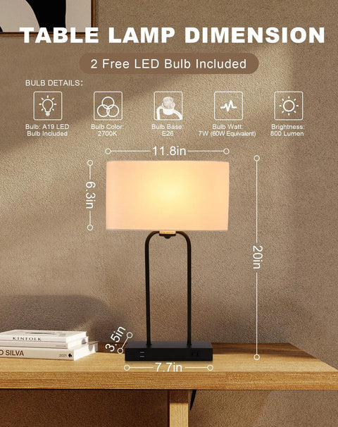 Two Pack Bedside Table Lamps With USB Ports And AC Outlet, 20 Inch Touch Control, 3 Way Dimmable Modern Nightstand Lights With Cream Fabric Shade, Includes LED Bulbs shown with dimensions.