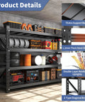 Extra Large Heavy Duty Metal Storage Shelves Built Like A Tank Adjustable Four Tier Garage Rack With Deep Shelves For Bulk Tools Equipment Warehouse Homeowners, showcasing 1.2mm thick steel shelves and support bars.