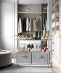 3 Tier Closet Organizer With 2 Drawers, Grey Fabric Shelves, And Metal Frame filled with shoes, placed in elegant closet setup