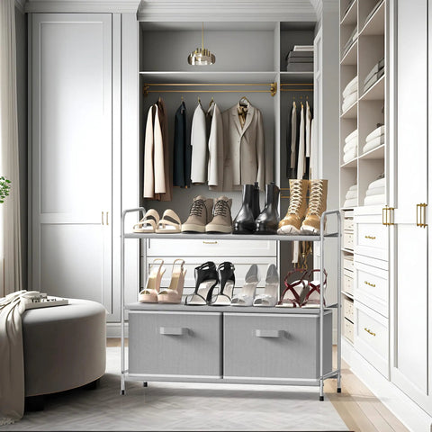 3 Tier Closet Organizer With 2 Drawers, Grey Fabric Shelves, And Metal Frame filled with shoes, placed in elegant closet setup