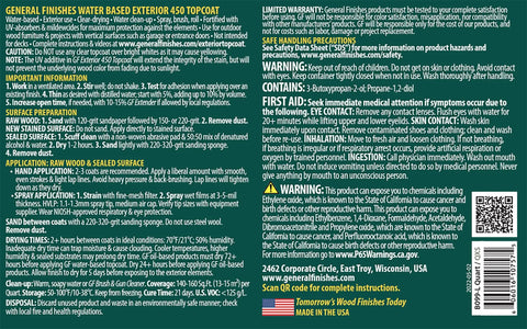 Exterior 450 Water Based Topcoat Satin Finish Quart label for outdoor wood and surfaces, highlighting UV absorbers and usage instructions.