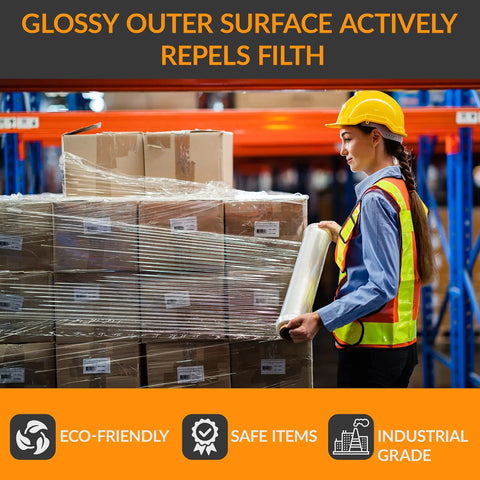 Worker using Badass Heavy Duty Stretch Wrap 18 Inch Clear Packing Film 1200 Feet Long around palletized boxes.