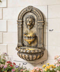 Wall Mounted Outdoor Fountain With 3 Tier Cascade, Adjustable Flow And LED Lights, Bronze Resin Garden Fountain For Patio Or Backyard