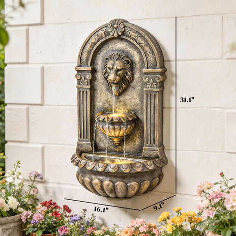 Wall Mounted Outdoor Fountain With 3 Tier Cascade, Adjustable Flow And LED Lights, Bronze Resin Garden Fountain For Patio Or Backyard