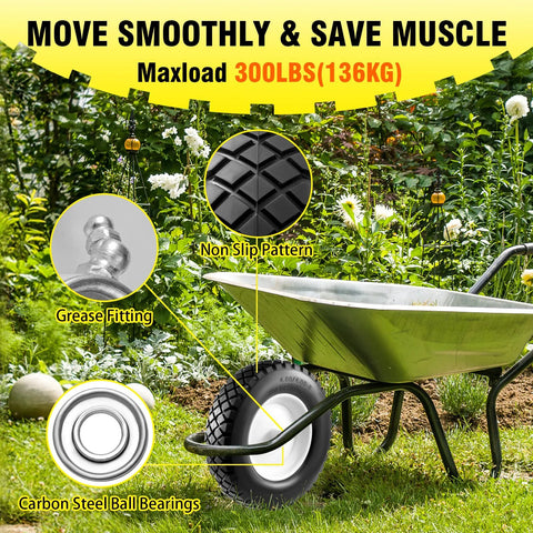 Amazon 4.80/4.00-8 solid wheelbarrow tires, 2 pcs, black tread with silver hubs, installed on a wheelbarrow.