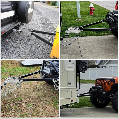 Beefed Up Tow Bar With Quick Connect Brackets And Safety Chains 2 Inch Hitch Ball 5500 Lb Towing Capacity 41 Inch Opening Bumper Mounted Universal Towing Bar For RV Car Trailer Truck Alloy Steel attached to Jeep and RV bumper