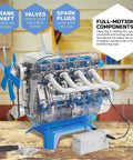 Hands On 4 Cylinder Engine Kit For STEM Lovers with pistons, valves, belts and LED lights showing full-motion components.