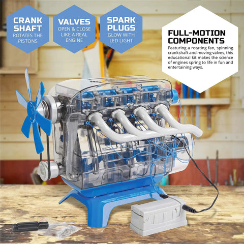 Hands On 4 Cylinder Engine Kit For STEM Lovers with pistons, valves, belts and LED lights showing full-motion components.