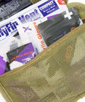 Contents of Rip Away Officer's Patrol Tactical Gunshot And Trauma IFAK Kit With Headrest Mount Desert Tan, close-up view