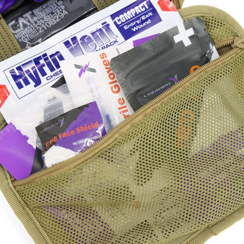 Contents of Rip Away Officer's Patrol Tactical Gunshot And Trauma IFAK Kit With Headrest Mount Desert Tan, close-up view