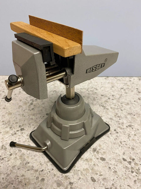 Vacuum Base Vise BV VB With Silver Finish, Ultra Stable Hold, showing 360° swiveling head and wooden-protected jaws