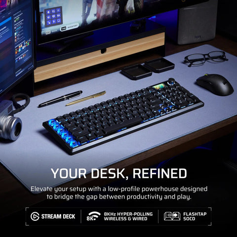 Next Level Wireless RGB Gaming Keyboard With Sleek Aluminum Build And Zero Clutter 99 Percent Layout Providing Crisp Feedback And Stream Deck Integration For A Clean Desk Flex Every True Gamer Swears By on a desk with accessories.