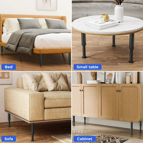 Image showing Six Pack Adjustable Bed Support Legs With Locking Ring Stand on bed, small table, sofa, and cabinet.