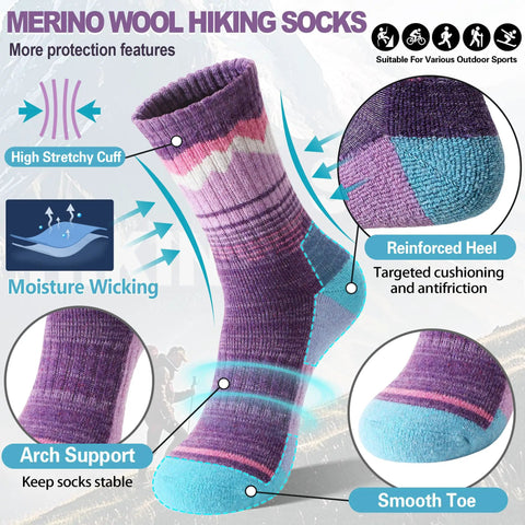 Women's Merino Wool Hiking Socks Set Thermal Winter Warm Cozy Outdoor Crew Socks 70 Percent Merino Wool Blend Moisture Wicking