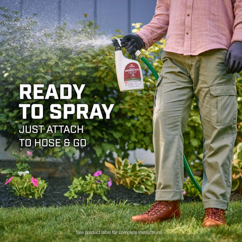 Person using Backyard Mosquito And Bug Killer Ready To Spray for outdoor pest control on garden, non-staining, odor-free formula in use.