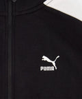 T7 Core French Terry Track Jacket For Boys Black Zip Front With Contrast Stripes Retro Athletic Style PUMA chest logo close-up