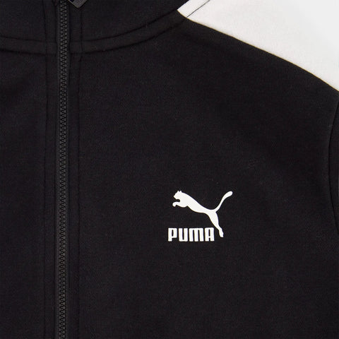 T7 Core French Terry Track Jacket For Boys Black Zip Front With Contrast Stripes Retro Athletic Style PUMA chest logo close-up