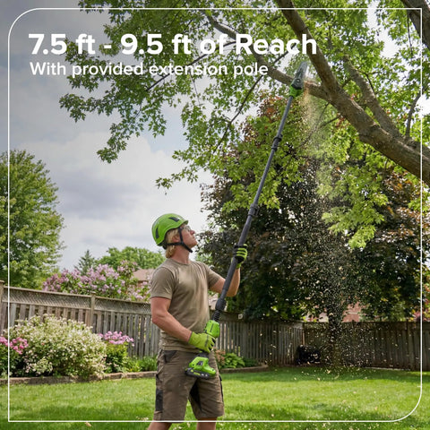 Heavy Duty 24V Brushless Cordless Pole Saw With Eight Inch Guide Bar Cracks Through Thick Limbs And Garden Overhaul Makes Pruning A Total Cinch Includes Rugged Carry Bag For Backyard Titans in use, demonstrating 7.5 ft - 9.5 ft reach.