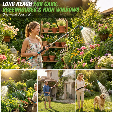 Extendable Watering Wand 37 To 55 Inch With 9 Pattern Heavy Duty Metal Nozzle Pivot Head And Thumb Flow Control in garden use