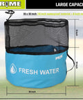 Four Pack Waterproof RV Hose Bags And Utility Storage Set, blue fresh water bag, mesh top, 18x18 inch size, color coded for campers