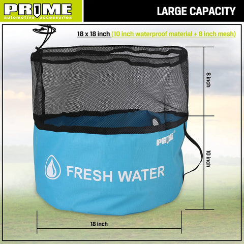 Four Pack Waterproof RV Hose Bags And Utility Storage Set, blue fresh water bag, mesh top, 18x18 inch size, color coded for campers