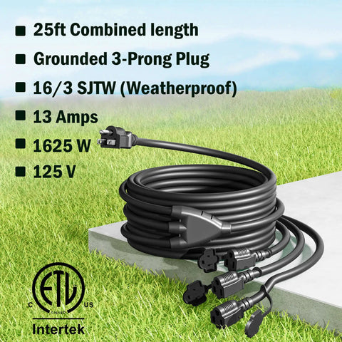 Outdoor Ready 1 To 3 Outlet Splitter Extension Cord, 25 Ft Total, 16 Gauge SJTW, coiled on grass with 3 prong plug visible