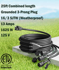 Outdoor Extension Cord Splitter with Triple Outlets, Weatherproof 40 Ft Total Length, shown coiled on grass with plug details