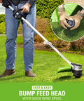 User operating Heavy Duty Cordless String Trimmer With Brushless Motor 16 Inch Weed Whacker on grassy lawn with bump feed head.