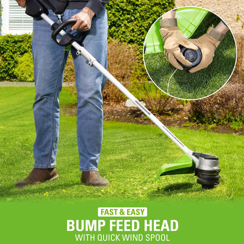 User operating Heavy Duty Cordless String Trimmer With Brushless Motor 16 Inch Weed Whacker on grassy lawn with bump feed head.