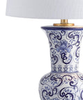 Close-up of Blue And White Chinoiserie Ceramic LED Table Lamp With White Linen Shade Hand Painted Floral Vase Style For A Cozy Living Room Vibe Traditional Decor ETL Listed UL Safety LED Bulb Included