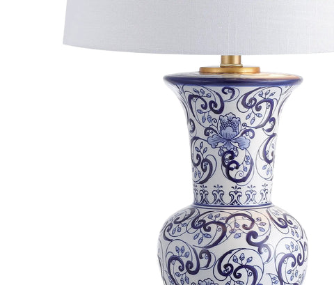 Close-up of Blue And White Chinoiserie Ceramic LED Table Lamp With White Linen Shade Hand Painted Floral Vase Style For A Cozy Living Room Vibe Traditional Decor ETL Listed UL Safety LED Bulb Included