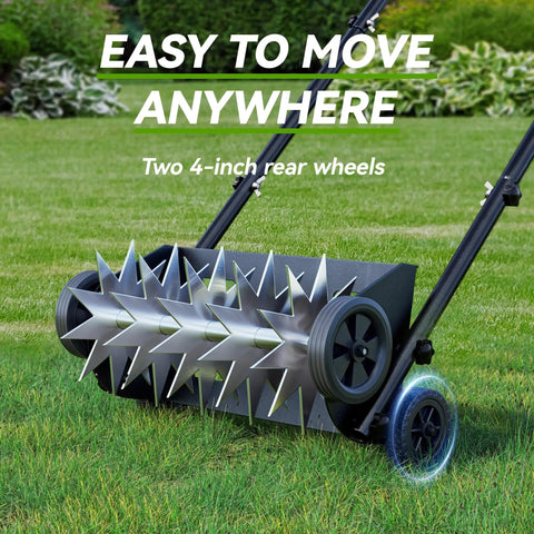 18 Inch Heavy Duty Push Spike Lawn Aerator With Four Wheels Steel Handle Foam Armrests Manual Aerator with large spikes in garden