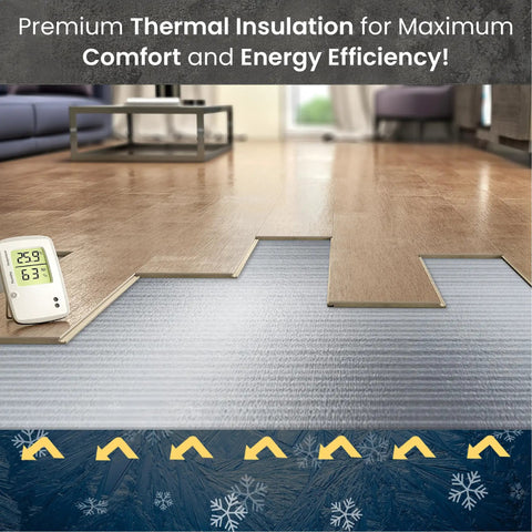 Heavy Duty Three In One Floor Underlayment Roll, 200 Square Feet, 3 Mm Thick Epe Foam with silver foil vapor barrier under hardwood floor.