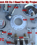 Variety of plumbing and bathroom fixture kits displayed with labels for different project needs.