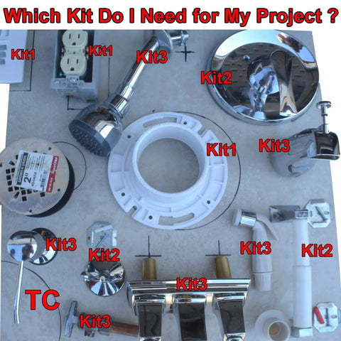 Variety of plumbing and bathroom fixture kits displayed with labels for different project needs.