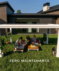 Windham 14 Ft By 12 Ft Modern Galvanized Steel Pergola Kit With Shade Sail Canopy in garden setting with people relaxing underneath