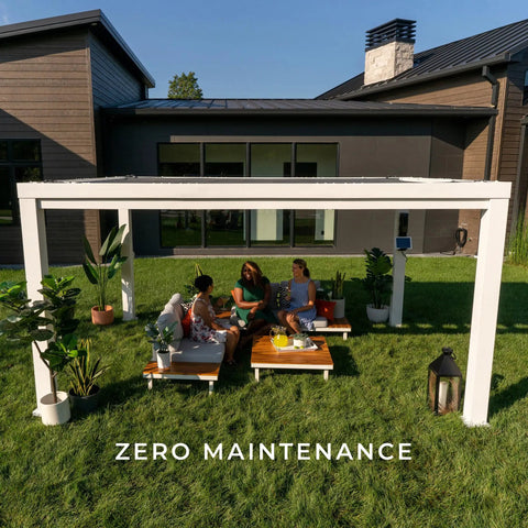 Windham 14 Ft By 12 Ft Modern Galvanized Steel Pergola Kit With Shade Sail Canopy in garden setting with people relaxing underneath