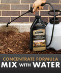 Person spraying Termite And Carpenter Ant Killer Concentrate 32 Ounces Outdoor Barrier Spray near foundation wall with hand sprayer.