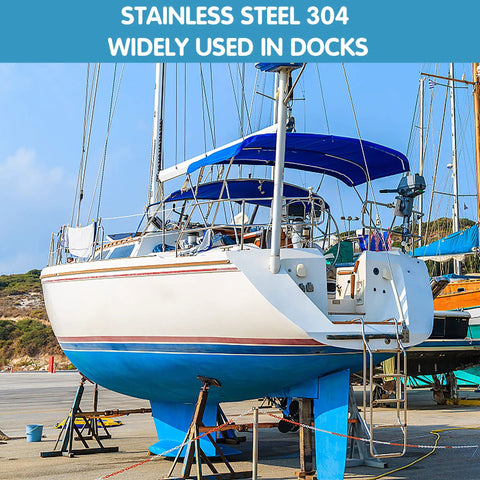 Stainless steel 304 used in docks with a boat on a lift in a marina setting, showcasing durable marine application.