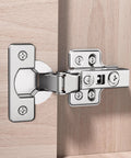 Set Of 2 Frameless Inset Cabinet Hinges With Soft Close Concealed European Style Clip On Mount For Frameless Cabinets Flush Door Look Fifty Percent Faster Install No Fuss Upgrade For Your Kitchen Or Bath, silver metal hinge close-up