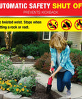 Person using Electric 22 Inch Auto Shutoff Shovel Handheld 12V Li Ion Battery Powered Digging Tool in a garden.