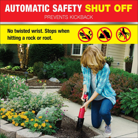 Person using Electric 22 Inch Auto Shutoff Shovel Handheld 12V Li Ion Battery Powered Digging Tool in a garden.
