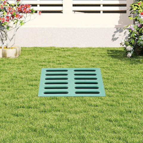 Heavy Duty Drainage Catch Basin Kit With Debris Basket And Grate, 15.7 x 15.7 x 23.6 Inch Composite Resin Basin installed in lawn