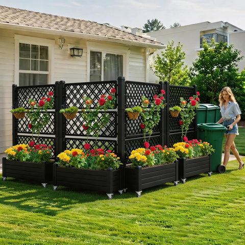 Outdoor Planter Boxes With Trellis Two Pack Resin Raised Garden Beds On Wheels With Drain Plugs For Climbing Plants